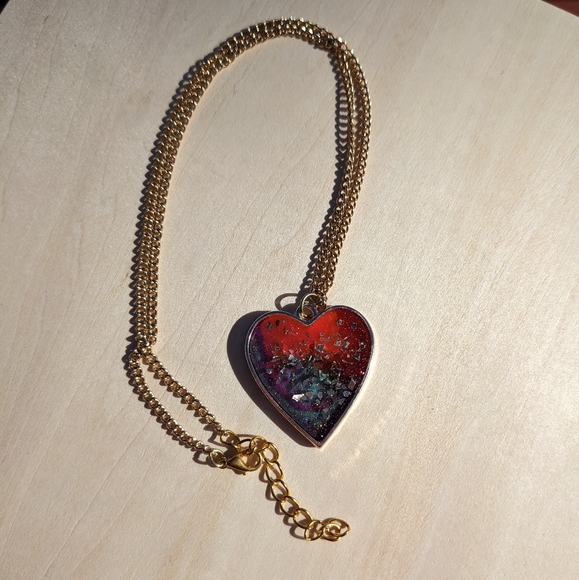 Heart Necklace Handmade Sparkly Gift Glass Glitter Resin Art Purple Gold - Picture 8 of 9